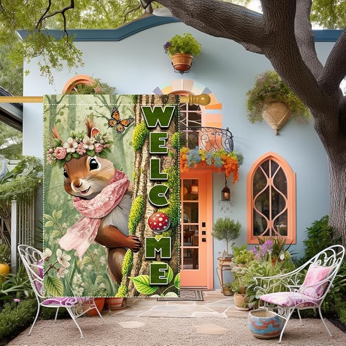 Welcome Garden Flag 28x40inch The Nut Squirrel winter Garden Flags Yard Porch House Flag Double-Side For Home Outdoor Yard Patio Lawn Decor, Garden Decorations