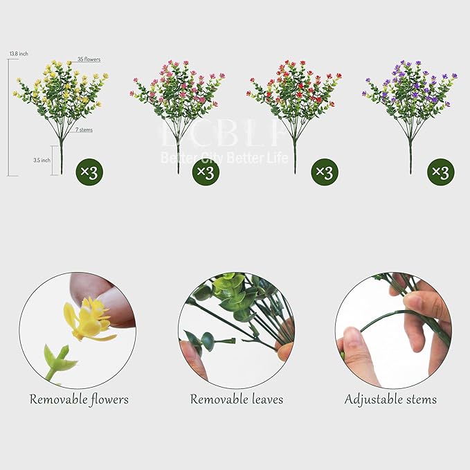 BCBLF 12 Bundles Artificial Fake Plants Flowers, Realistic Flowers Not-Fading and UV Resistant Artificial Flowers for Outdoor Indoor Décor Porch Patio Garden and Home Decoration