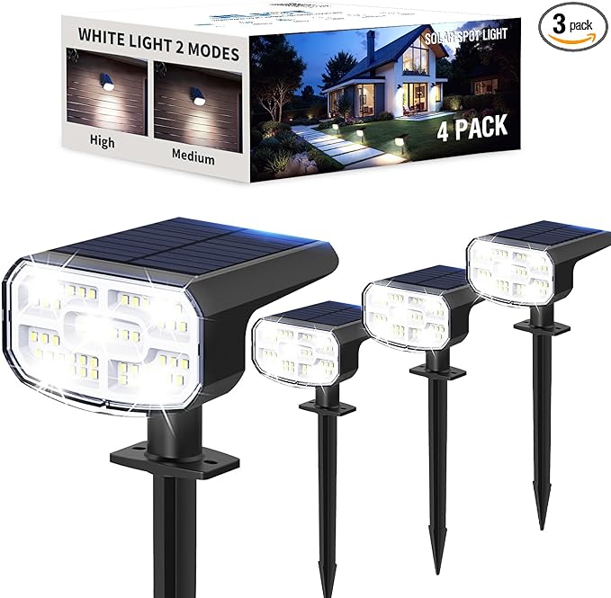 Solar Lights Outdoor Waterproof IP65, Super Bright LED, 6500K 2 Lighting Modes, Solar Powered Yard Garden Solar Spot Lights for Outside Landscape Auto On/Off -4 Pack
