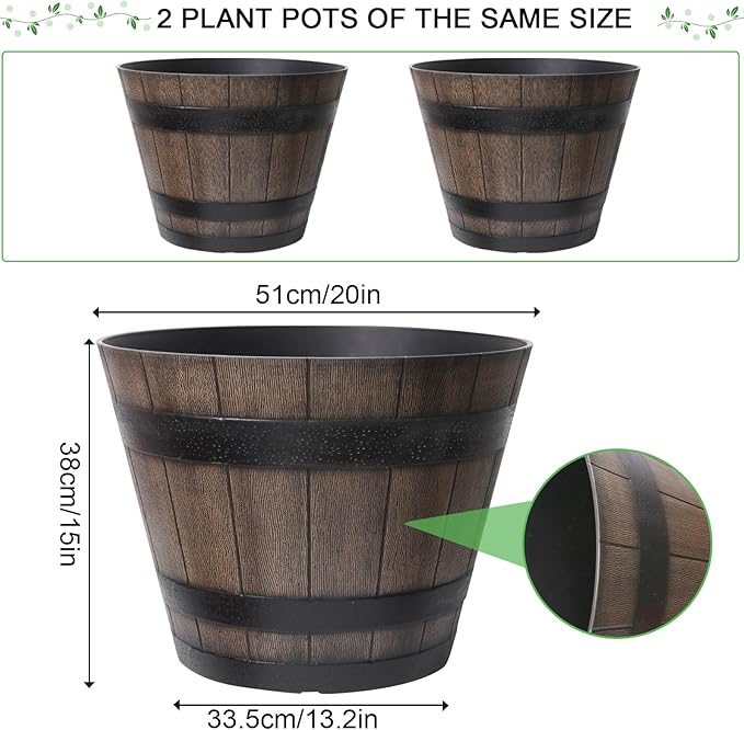 WEICHENGXING Large Plant Pots, 20 Inch 2 Pack Plastic Whiskey Barrel Planters, Big Flower Pots Wine Barrel Design for Outdoor Indoor, Garden, Porch, Patio, Backyard