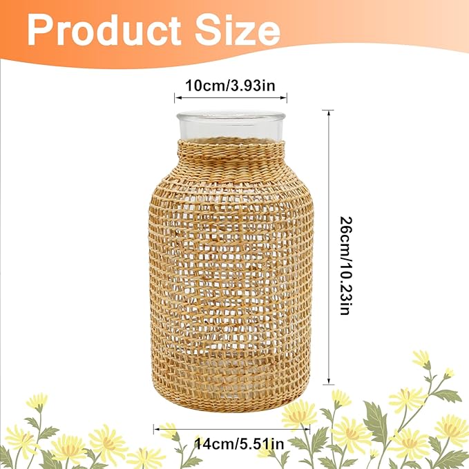 MDEOOSKY Straw Woven Glass Vase 10.25''X3.93''X5.52''Boho Glass Flower Vase Country Rustic Style Vase Glass Vase for Floral Arrangements Bottle Height (B Style 10.25IN)