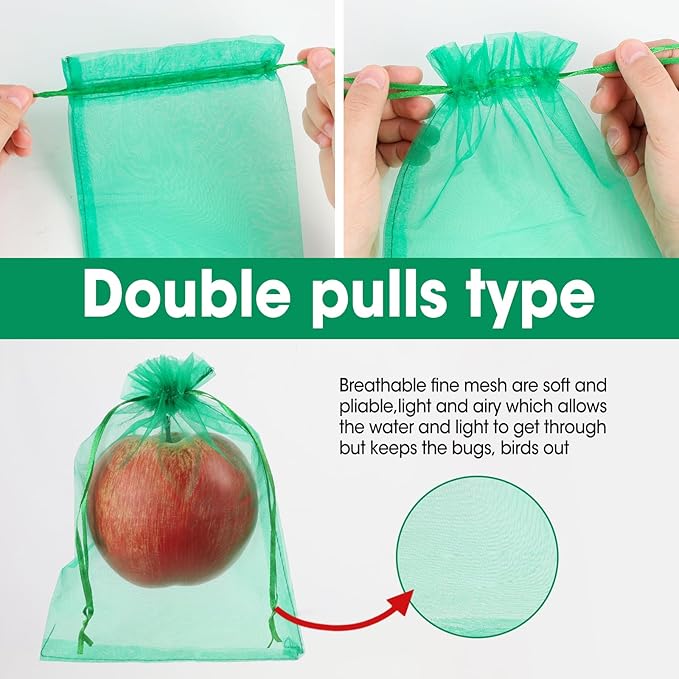 250 Pcs Fruit Protection Bags, 6.5×9 Inches Fruit Bags for Fruit Trees, Green Fruit Netting Bags Cover Bags Drawstring Mesh Fruit Protectors Pest Barrier for Tomato Mango Trees Veggies Garden