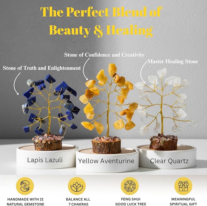 Crystal Tree Set of 12 Unique Birthday Gifts for Women, Sister, Mom, Home Office Decor, Shelf Desk Decoration for Positive Energy, Bring Good Luck, Money, Reiki Healing, Chakra Tree of Life Gift Sets