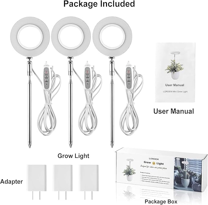 LORDEM Grow Light, Full Spectrum LED Plant Light for Indoor Plants, Height Adjustable Growing Lamp with Auto On/Off Timer 4/8/12H, 4 Dimmable Brightness, Ideal Small Pack of 3, Warm White