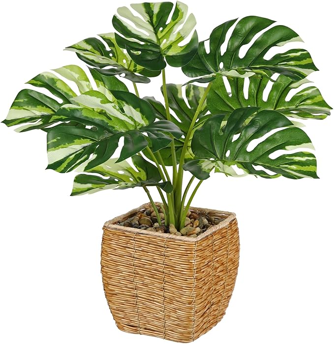 Briful Fake Plants Potted Variegated Monstera Artificial Plants Indoor Realistic Greenery Faux Plants in Square Plastic Rattan Baskets for Home Decor Farmhouse Office Weddings