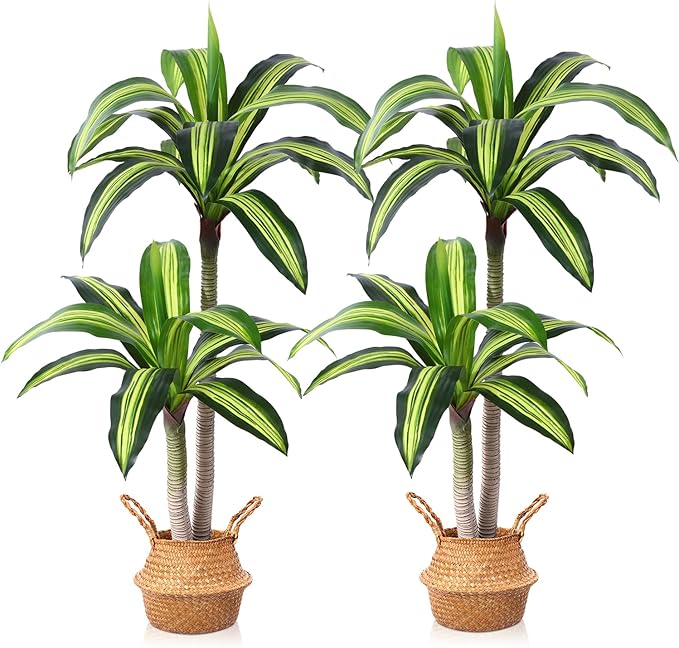 Ferrgoal Artificial Plants, 4 Ft Dracaena Tree Faux Plants Indoor Outdoor Decor Fake Tree with Woven Seagrass Basket Plants for Home Decor Office Living Room Porch Patio Perfect Housewarming Gift