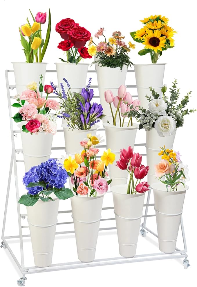 SPTZQURY Flower Display Stand with Buckets, 3 Layers Metal Plant Stand, Moving Florist Bouquet Shelf for Fresh Flower Shop, for Patio Garden, Outdoor Flower Pop-Up Events (White Frame - White Bucket)