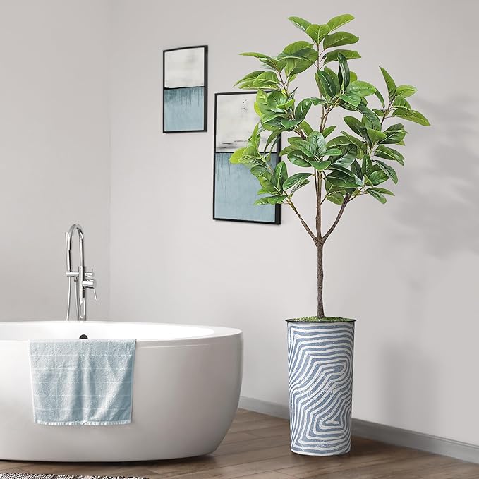 Artificial Tree in Contemporary Geometric Pattern Planter, Fake Rubber Silk TRE for Indoor and Outdoor Home Decoration - 70" Overall Tall (Plant Pot Plus Tree)