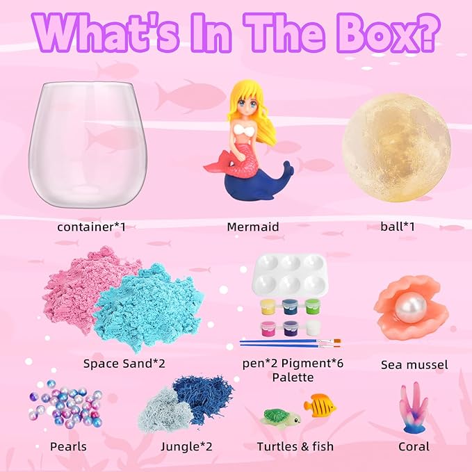 SCWGTPJ Mermaid Gifts for Girls- Mermaid Terrarium Crafts Kit, DIY Toys Kit for Kids Girls,Arts and Craft, DIY Moon Lamp LED Night Light Christmas Birthday Gift for Girls