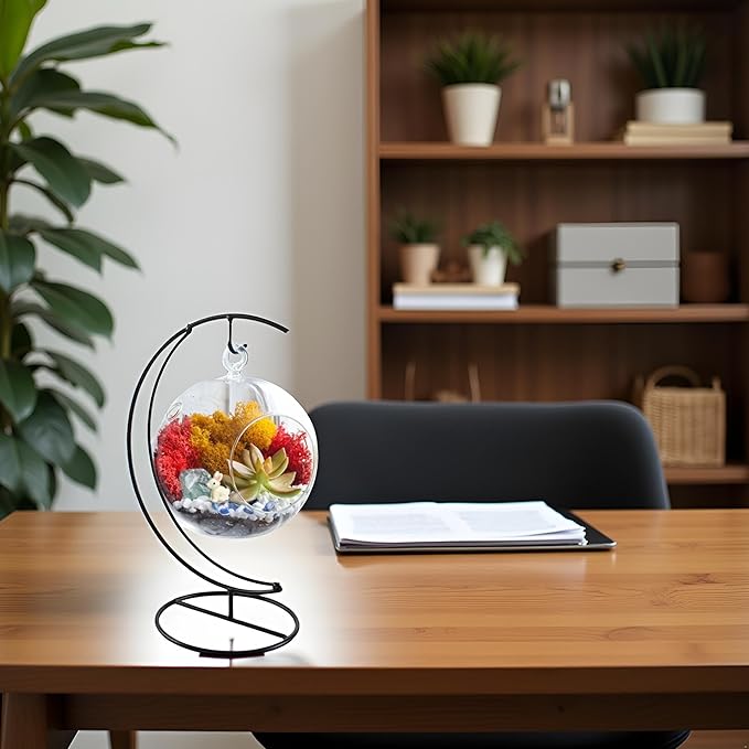 Creations by Nathalie - 5" Glass Globe Succulent Terrarium Kit, Hanging DIY Starter Kit for Kids and Adult, Metal Stand, Reindeer Moss, Crystal & Rocks, Tools, Figurine (Live Plant Included)