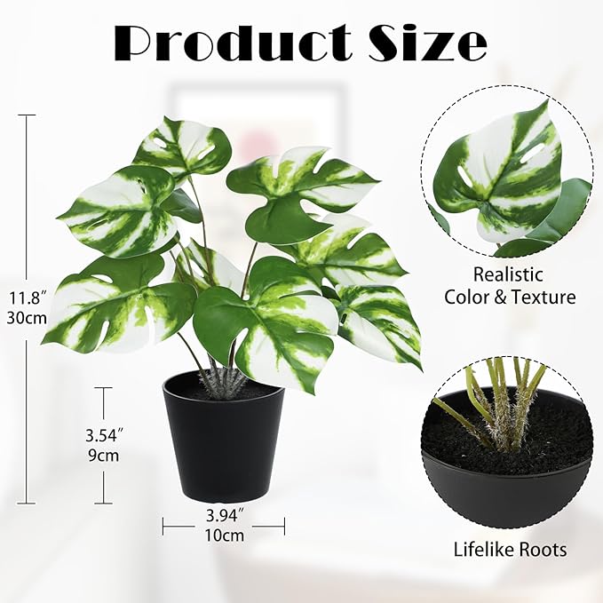 Briful Fake Plants 11.8'' Realistic Monstera Plant Artificial Potted Indoor Plant Houseplant in Black Pot for Home Decor Wedding Centerpiece Dining Table Farmhouse, White Leaves