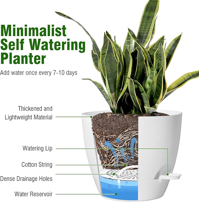 WSMKSZ 12 inch Large Self Watering Pots, Flower Plant Pots with Multi Mesh Drainage Holes for Indoor Outdoor Garden Plants and Flowers, Plastic Planters with Removable Reservoir, White