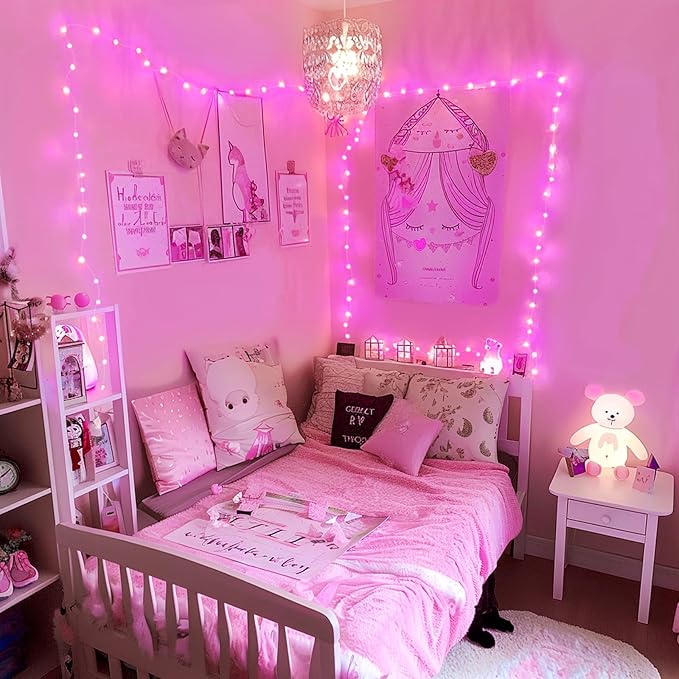 JMEXSUSS 4 Pack 50 LED Pink Fairy Lights Battery Operated, 16.1ft Christmas Fairy Lights Indoor Outdoor Waterproof, Pink String Lights for Bedroom Wedding Birthday Holiday Decorations