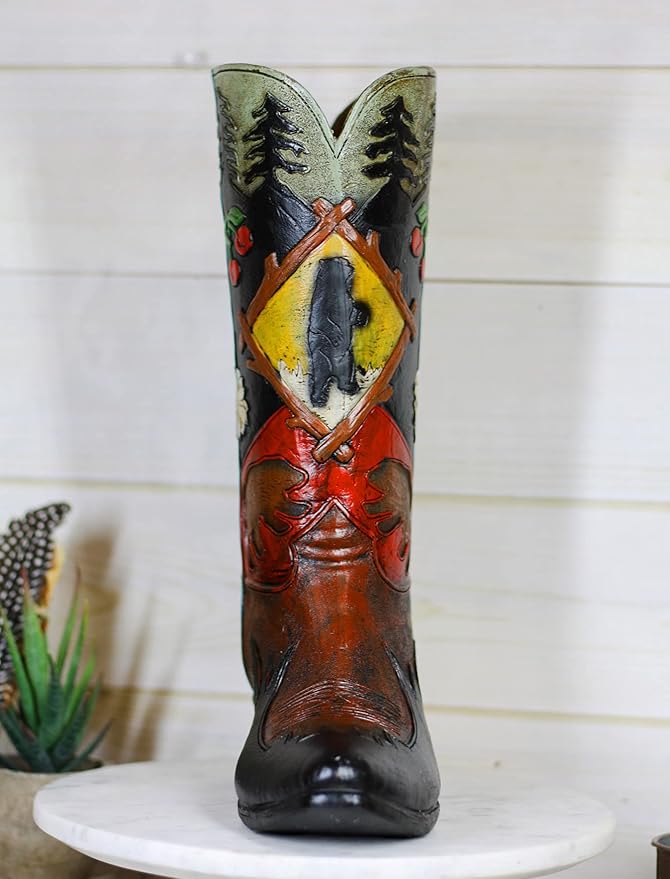 Ebros Rustic Southwestern Black Bear Country with Pine Trees and Cherries Forest Cowboy Cowgirl Boot Decorative Figurine Or Floral Vase Planter Tooled Leather Finish Table Shelf Countertop Accent