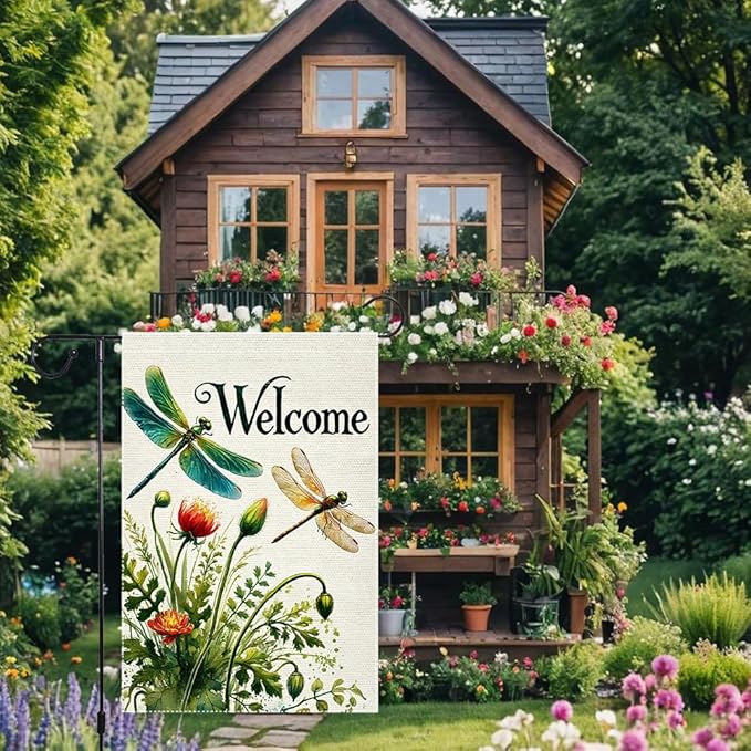 Hello Spring Summer Tulip Dragonfly Garden Flag 12x18 Inch Double Sided Burlap Seasonal Wildflowers Outdoor Lawn Rustic Farmhouse Home Yard Flags Decor