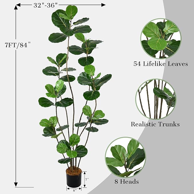 Artificial Fiddle Leaf Fig Tree 7FT- Tall Faux Tree with 54 Lifelike Leaves, 8 Heads, 84" Large Ficus Lyrata Fake Potted Plant for Home Office Living Room Corner Porch Indoor Decor