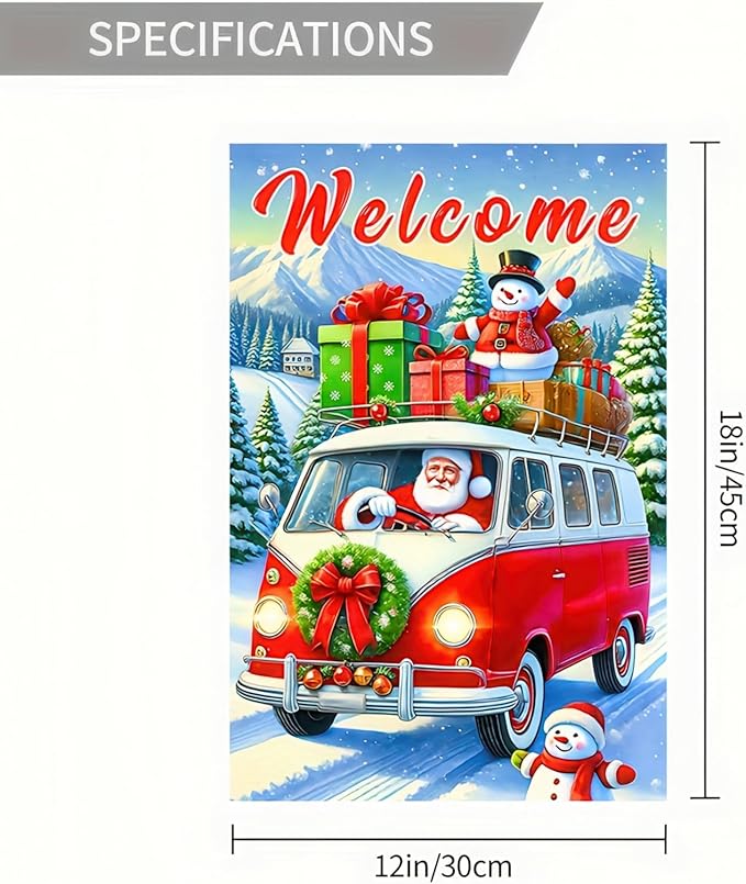 Christmas Welcome Bus Garden Flag 12x18 Inch Double Sided Holiday Santa with Gifts Snowman Small Outdoor Yard Flag Seasonal Welcome Garden Banner for Porch Lawn Patio Christmas Decor