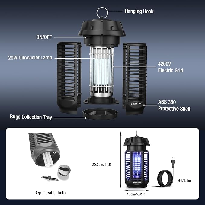 BALDR Bug Zapper Outdoor Indoor, 20W Power & 4200V Instant Grid Mosquito Repellent, Coverage of 1/2 Acre Fly Trap for Patio, Backyard, Home