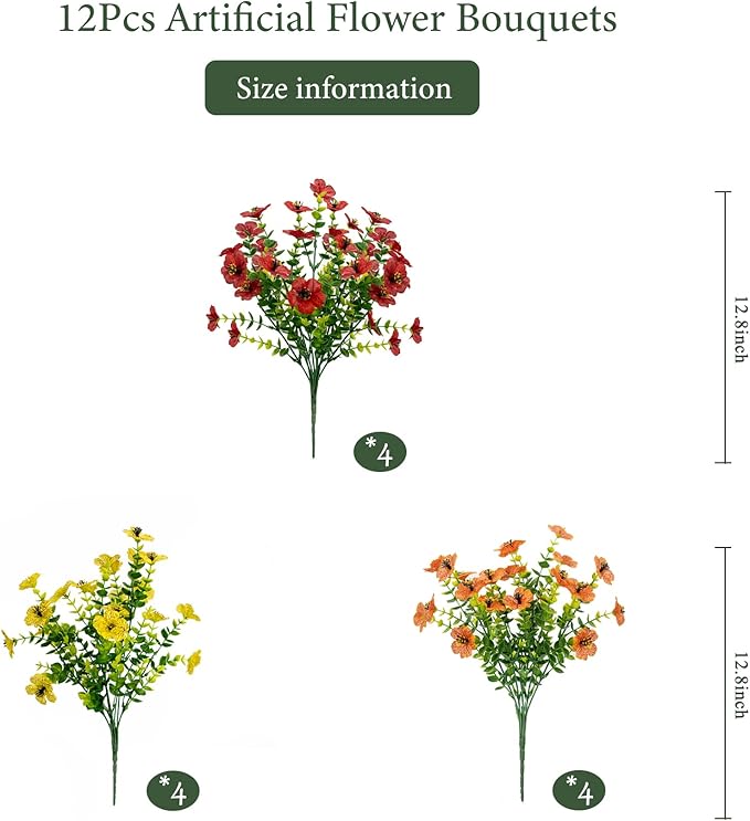 BCBLF Artificial Flowers for Outdoors, Faux Flowers for Outdoor Planters, 12 Bundles Realistic Silk Flower Faux Fake Plants for Porch Patio Yard Planters, Home Decor, Yellow + Orange + Red