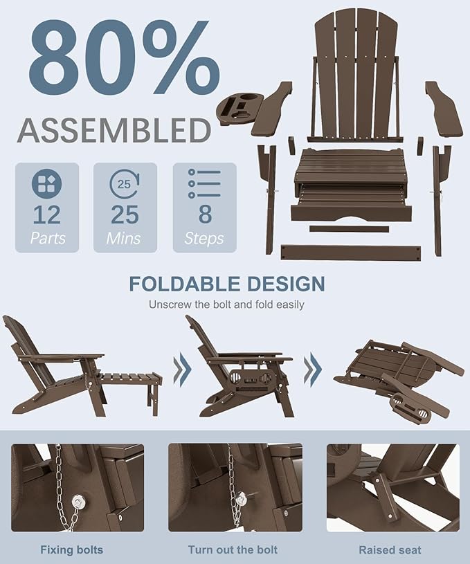 Adjustable Adirondack Chair with Retractable Ottoman Set of 4, HDPE Folding Adirondack Chair with Cup Holder, All Weather Fire Pit Chair for Outdoor.