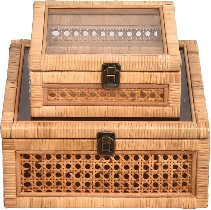 Rattan and Cane Square Stacking Boxes with Glass Top Lid - Set of 2 for Boho, and Rustic Farmhouse Decor