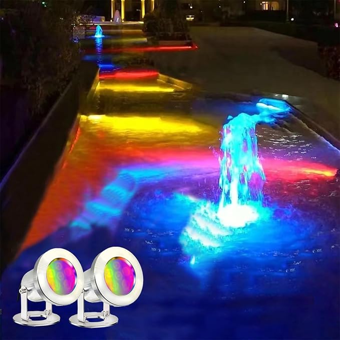 LED Pond Lights with Remote Control, 6W SS316 Stainless Steel RGB Underwater Fountain Light IP68 Waterproof Outdoor Underwater Lights for Pond Waterfall (2)