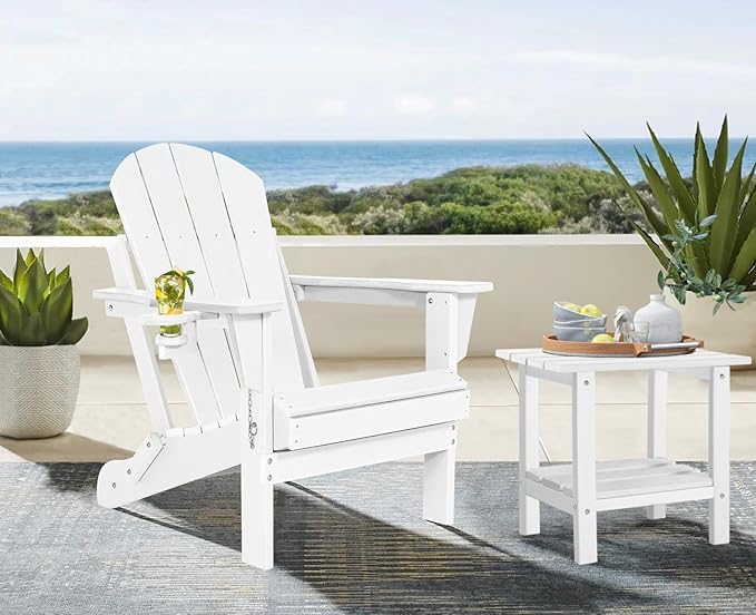 Folding Adirondack Chairs Set 6- Plastic Adirondack Chairs with Cup Holder, Weather Resistant for Outdoor, Patio, Lawn, Garden, Backyard Deck, Fire Pit - White