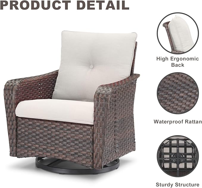 Rilyson Outdoor Patio Swivel Rocker Chairs - 4 PC Wicker Rattan Patio Rocking Glider Chair Set with High Back,Comfy Cushions and Deep Seating for Porch Deck Backyard Garden(Brown/Beige)
