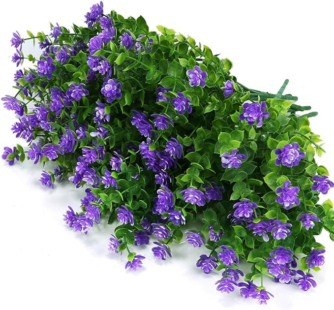 ArtBloom 12 Bundles Outdoor Artificial Flowers UV Resistant Fake Boxwood Plants, Faux Greenery for Indoor Outside Hanging Plants Garden Porch Window Box Home Wedding Farmhouse Décor (Purple)