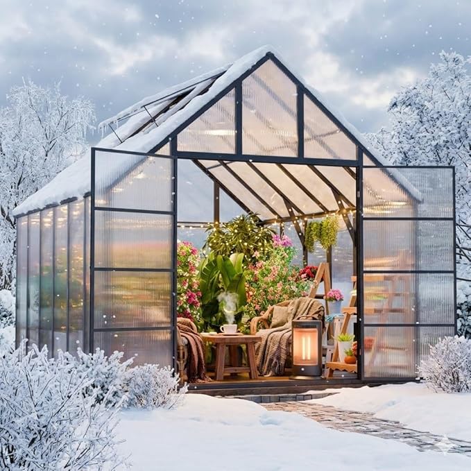 WACASA 12x10x10 FT Greenhouse for Outdoors, Easy Assembly Aluminum Frame Polycarbonate Greenhouse Kit with 2 Vent Windows, Swing Door, Walk-in Sunroom for Backyard Garden