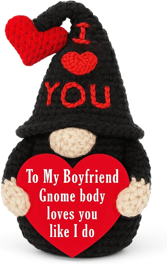 Valentines Gifts for Boyfriend from Girlfriend - Handmade Crochet Gnome, Romantic Valentine‘s Day Birthday Xmas Presents for Him, I Love You Sentimental Gift for Lover