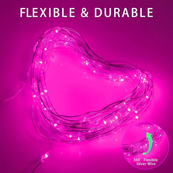 YAOZHOU Solar Christmas String Lights Pink Outdoor Waterproof 100 LED（2 Pack） 8 Modes Copper String Lights Fairy Lights for Valentines Day Garden, Patio, Fence, Balcony, Outdoors(Pink 2pcs