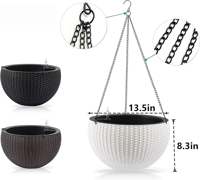 Vigo huseeo 13.5 inch 2Pack Large Hanging Planters for Outdoor/Indoor Plants, Self Watering Hanging Pot with Water Level Indicato, Drainage Holes and Chain for Garden Porch, White
