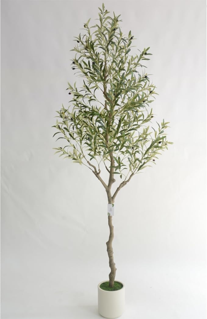 Olive Trees Artificial Indoor 8ft,Large Artificial Olive Tree with White Planter Realistic Trunk and Fruit,Faux Trees Indoor,Perfect for Home Office Living Room Décor