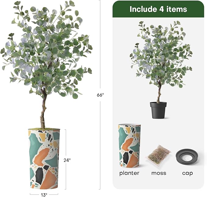Artificial Tree in Modern Geometric Pattern Planter, Fake Eucalyptus Silk Tree for Indoor and Outdoor Home Decoration - 66" Overall Tall (Plant Pot Plus Tree)