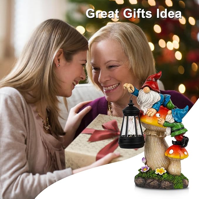 C&Y&G&X Solar Garden Gnome Statue - Waterproof Outdoor Mushroom Decor with Solar Lantern LED Lights for Yard, Lawn, Patio - Ideal Gifts for Mom Grandm
