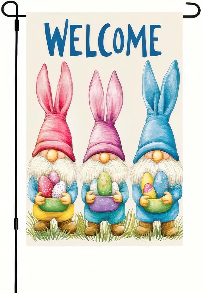 Happy Easter Garden Flag 12 x 18 inch Double Sided Three Cute Gnomes Yard Flag Welcome Easter Colors Egg Garden Flag for Home Lawn Outdoor Decorations