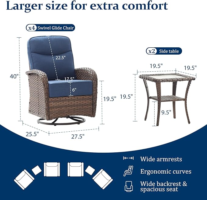 Outdoor Swivel Rocking Chair Patio Set (6PCS), High-Back - Thick Cushion Swivel Rocking Chair Patio Set, All-Weather Wicker Patio Furniture Set, Suitable for Balcony Patios, Brown/Blue