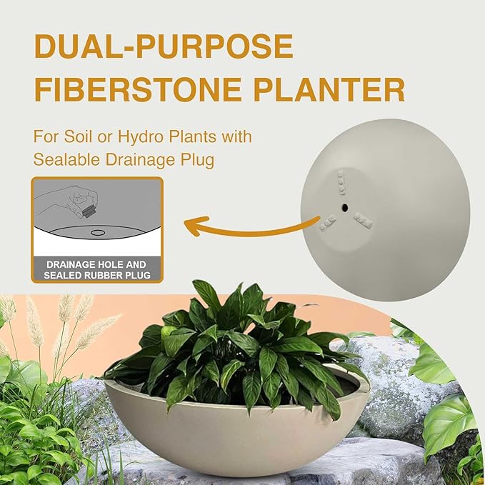 KUTE NEST 7.7" H x 22" D Round Bowl Fiberstone Planter for Succulent and Lotus with Drainage Hole, Smooth Finishes, Weather Resistant, Included 2 Extra Coco Mats (Taupe, 19.9" Pot Opening)