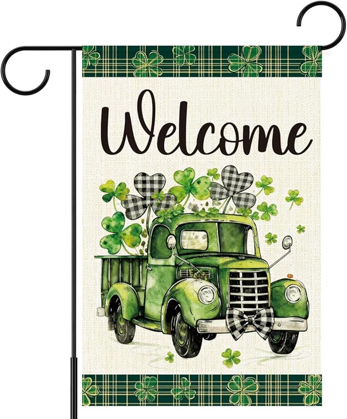 St Patricks Day Welcome Garden Flag 12x18 Inch Double Sided,Shamrocks Truck Buffalo Plaid Outdoor Irish Decor House Porch Flag for St Patrick's Day Party and Yard Decorations