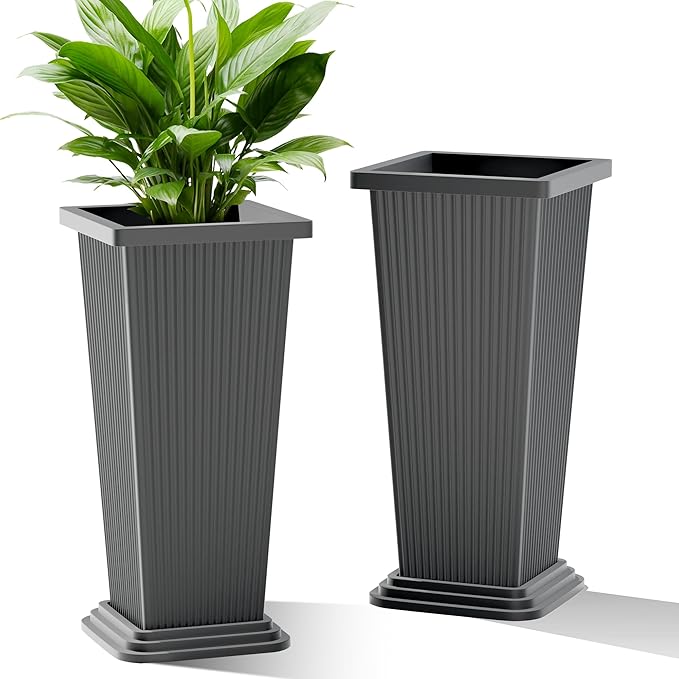 TUYOHW 24 Inch Tall Tapered Square Planters (Set of 2) - Indoor Outdoor Large Flower Pots with Built-in Drainage & Matching Water Tray for Patio, Garden, Home - Gray