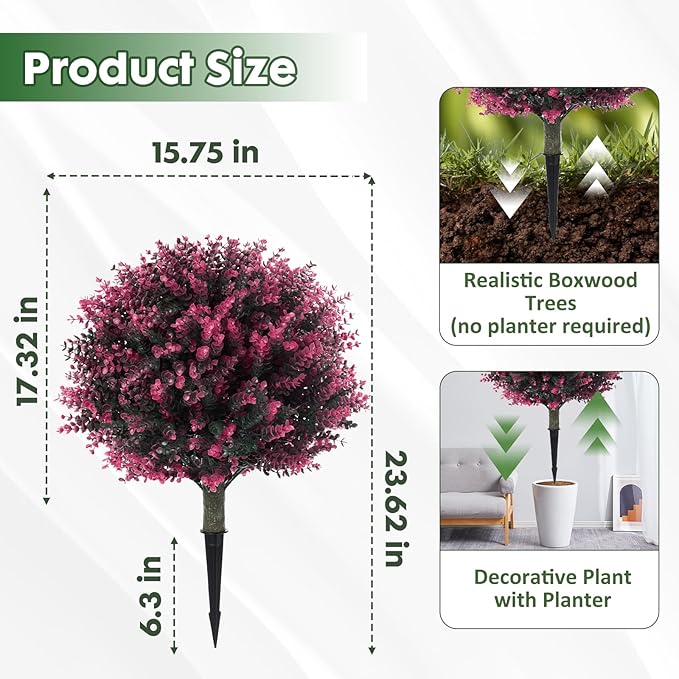 Pair(2) Artificial Rose Boxwood Topiary Ball Bush for Outdoor with Ground Spike,28" UV Resistant Faux Boxwood Ball Tree, Fake Rose Boxwood Plants for Garden, Yard, Porch, Patio Decor
