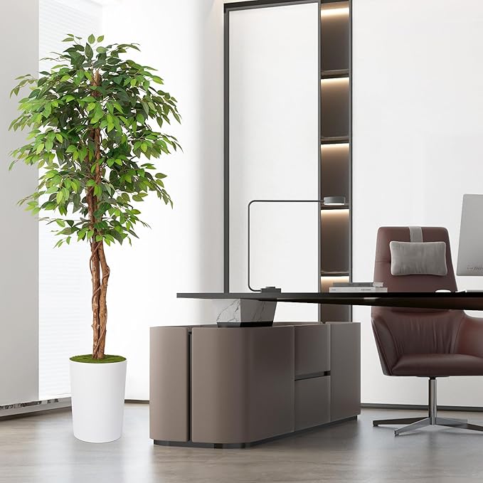 Waoops 7Ft Artificial Ficus Tree in Large Tall Planter - Faux Indoor Plant with Realistic Wood Trunk - Large Tall Fake Plant for Home, Office, Living Room, Patio Decoration
