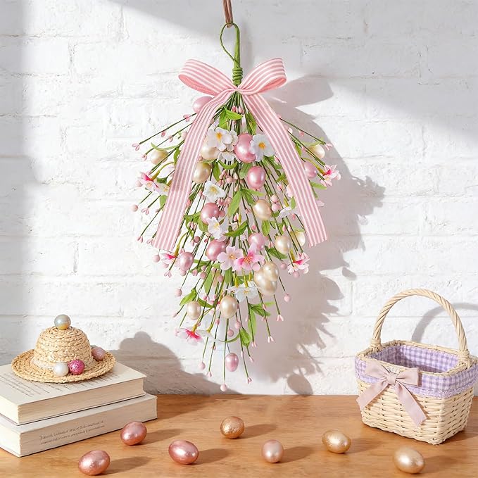 2 Pack 24'' Easter Teardrop Swags for Front Door Pastel Pink Easter Eggs Teardrop Wreath Artificial Spring Floral Hanging Swags with Ribbon Berry Flower for Farmhouse Home Outdoor Window Wall Decor