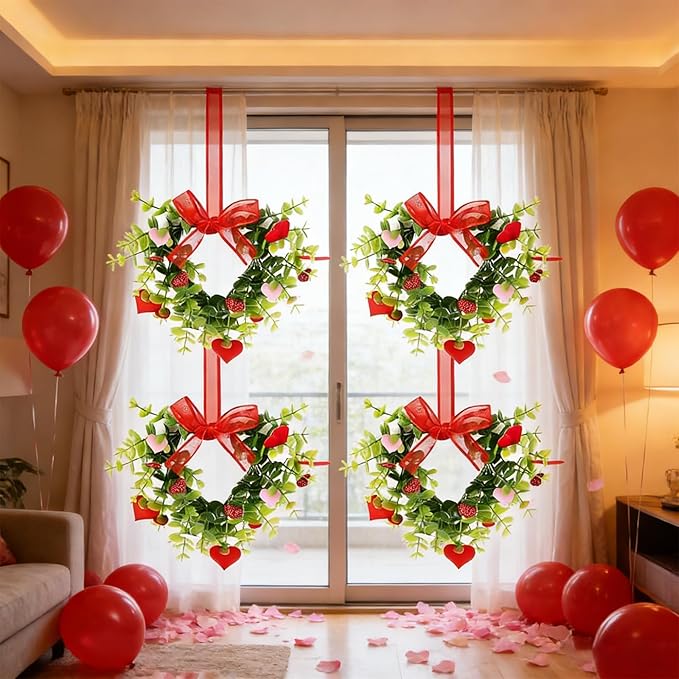 4 Sets Valentine's Day Heart Wreath Artificial Red Berries Heart Swag Kitchen Cabinet Wreaths Hanging Valentines Day Wreaths for Front Door Window Wedding Birthday Home Decoration