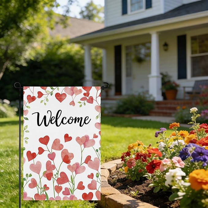 pretty_jessie Valentines Day Garden Flag 12x18 Inch Double Sided, Welcome Floral Love Hearts Burlap Yard Flag Anniversary Patio, Porch, Backyard Outdoor Decorations