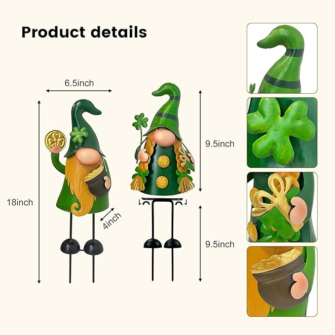 HONGLAND 18 Inch St Patricks Day Decorations Outdoor Gnome Décor, 2Pc Metal Gnomes Figurine with Green Shamrock, Irish Leprechaun St Patrick's Day Decor for Home Outside Garden Lawn Party Yard Patio