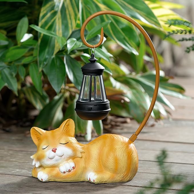 WSgift Outdoor Cat Figurine Garden Statue with Solar-Powered LED Light 13.77 Inches Tall Gift Garden Statue Decor for Cat Lovers Yellow