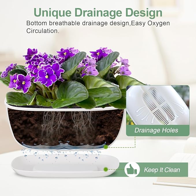 Oliz Set of 8 White Oval Shallow Herb Garden Planters with Drainage Holes and Trays (8.66 Inch) Plant Pots for Herbs Basil Orchids Succulents, Modern Herb Garden Planter for Indoor/Outdoor Plants