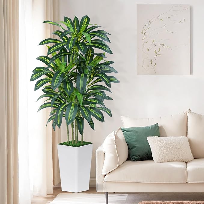Keeplush 6FT Artificial Dracaena Tree - High-Density Foliage Fake Plant with White Tall Planter - Faux Yucca Floor Plant for Home Office Decor Indoor